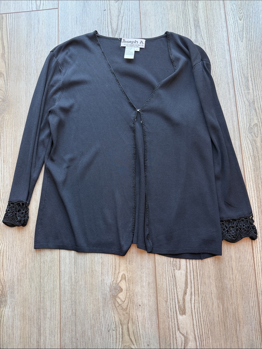 Joseph A Black Knit Open-Front Cardigan with Crochet Trim
